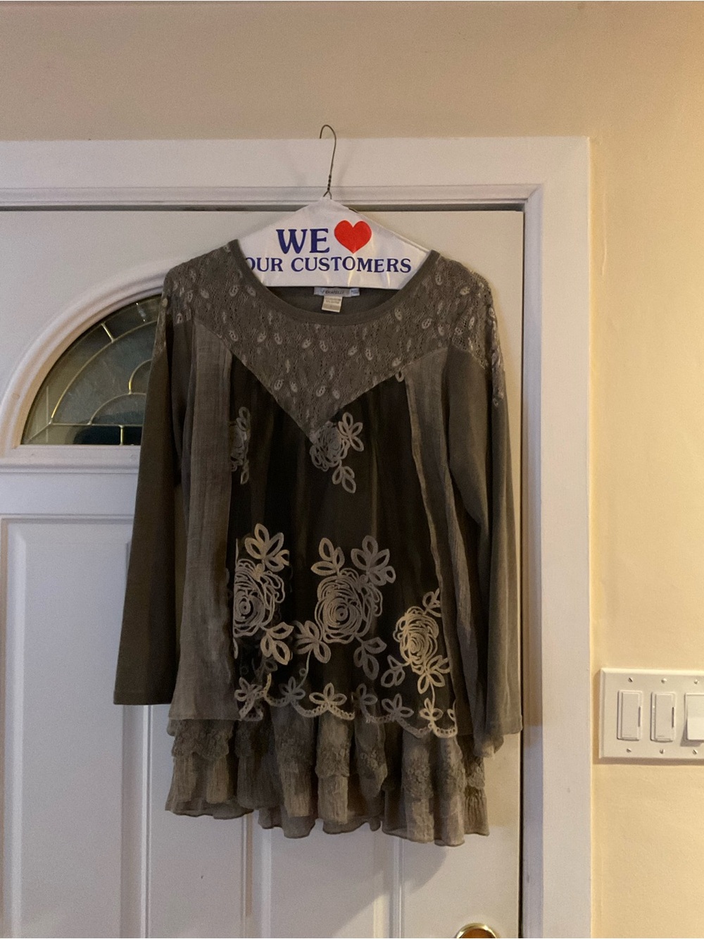 Embroidered Floral Layered Tunic - Moss Green Size L